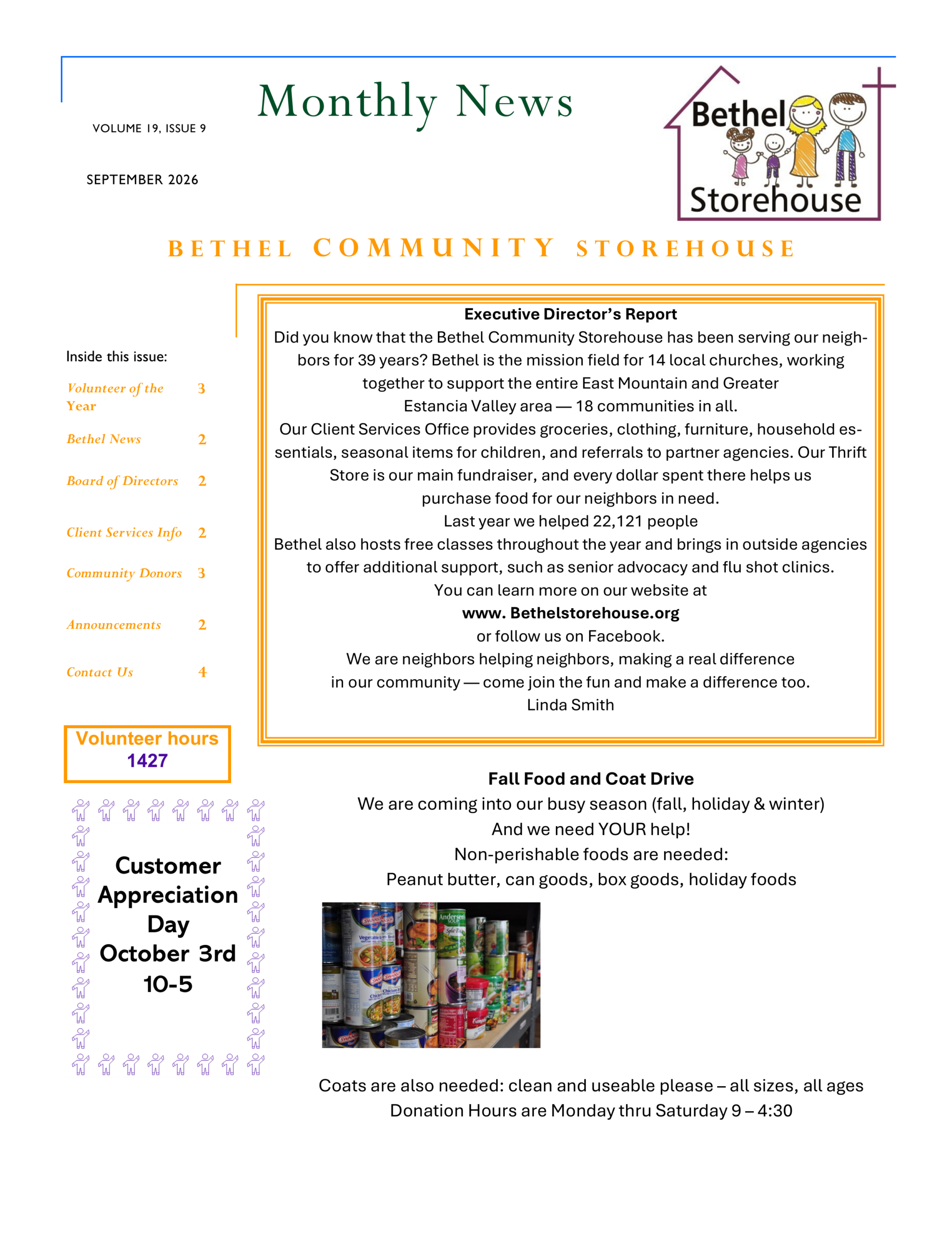 Bethel Community Storehouse September 2026 newsletter, page 1