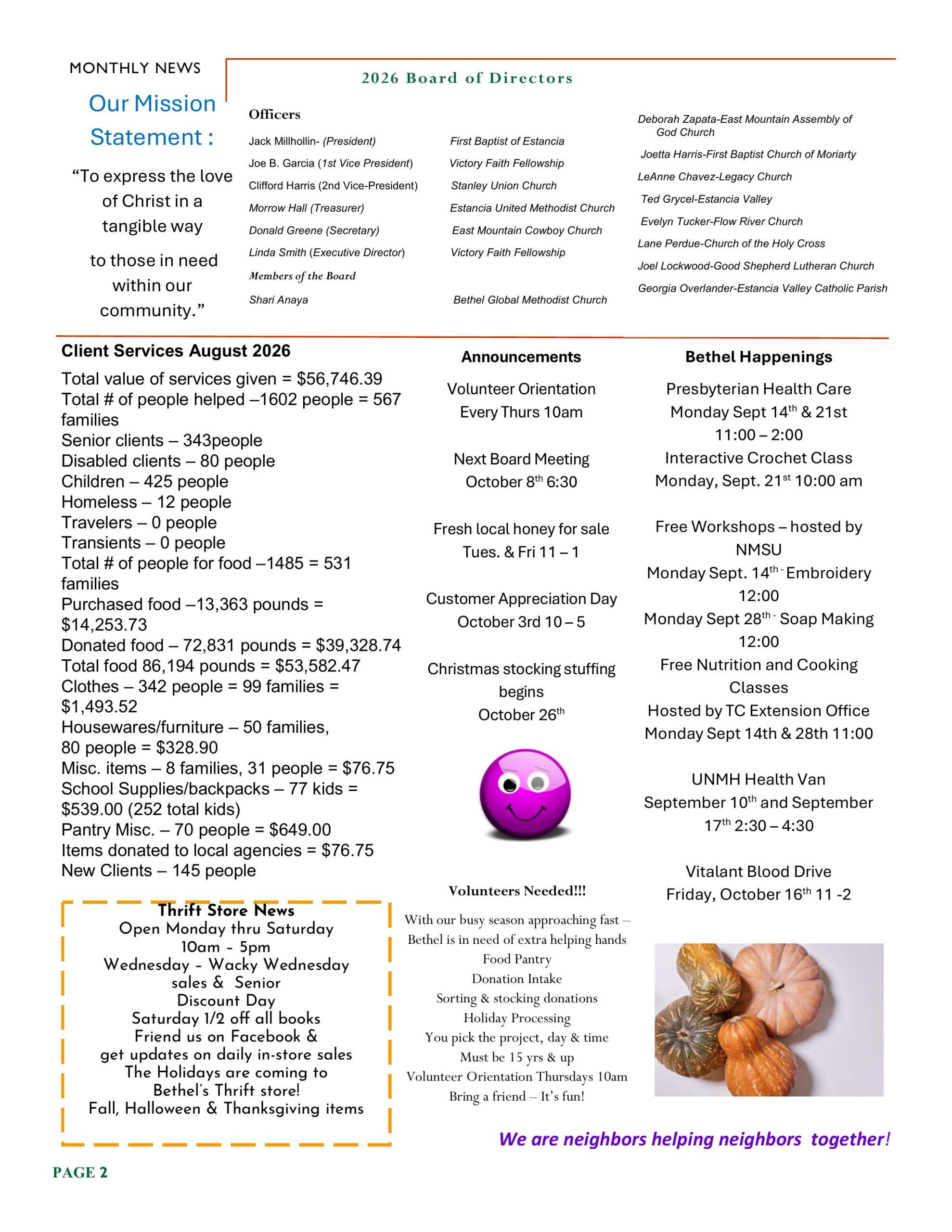 Bethel Community Storehouse September 2026 newsletter, page 2